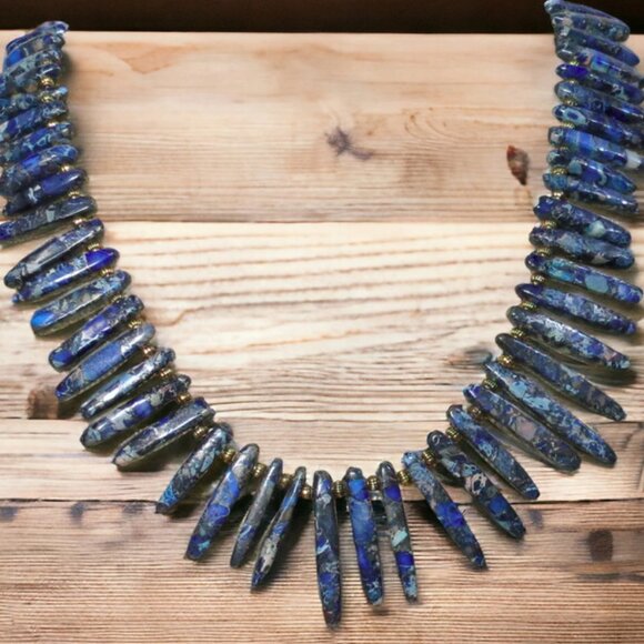 NEW Handmade Blue Jasper Gemstone Spike Statement Necklace. - Picture 7 of 8
